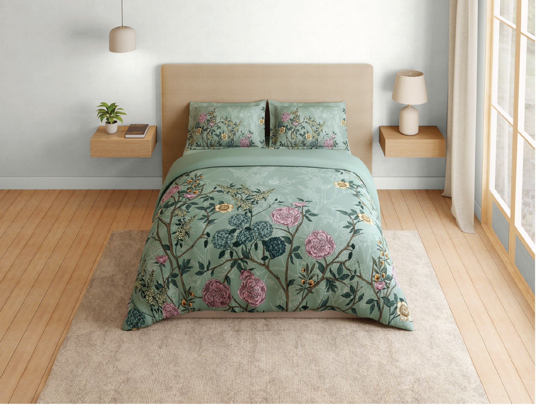 Spaces Natures Abode 100% Cotton 180 TC Percale Floral Premium Large Bedsheet with 4 Pillow Covers, Light Aqua