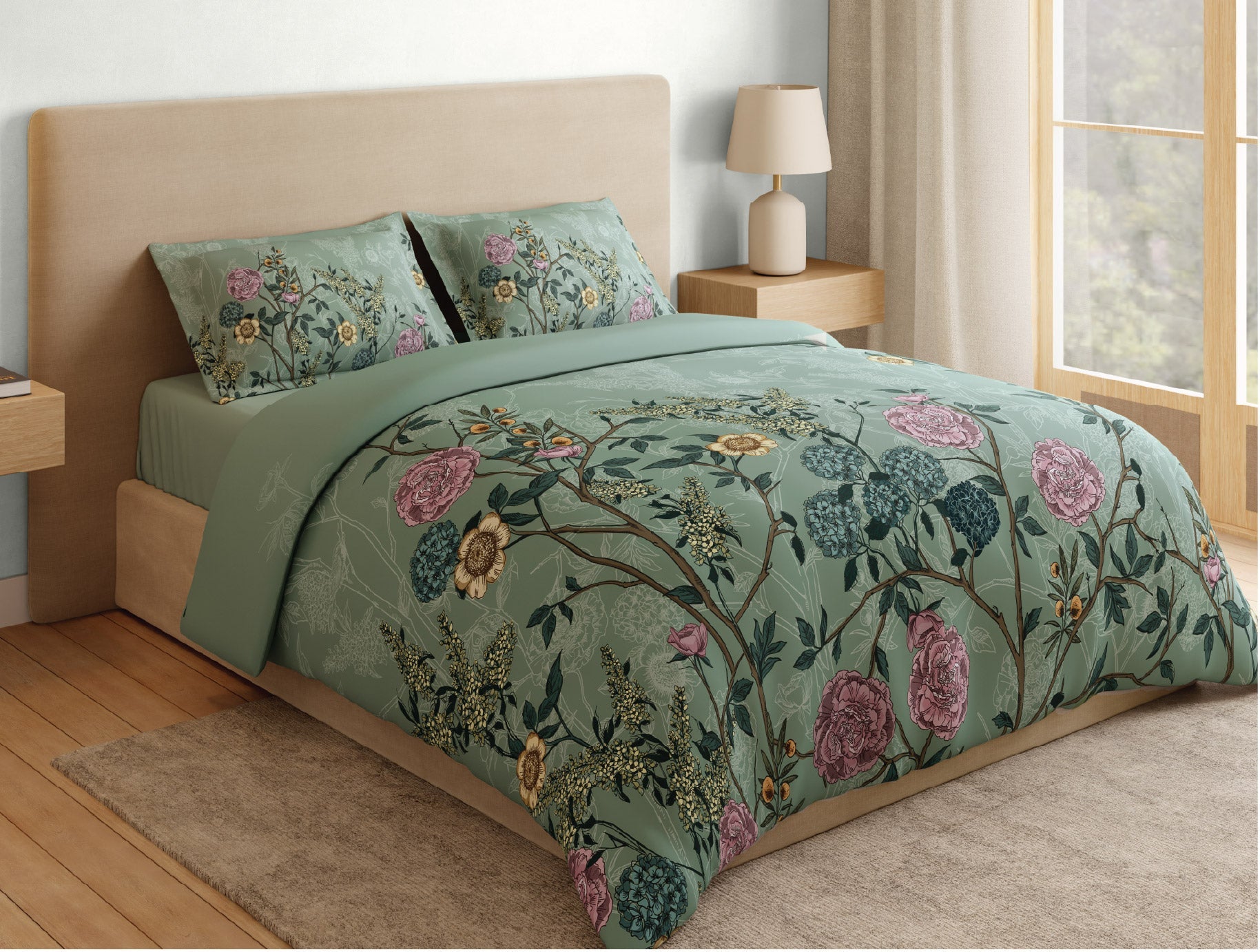 Spaces Natures Abode 100% Cotton 180 TC Percale Floral Premium Large Bedsheet with 4 Pillow Covers, Light Aqua