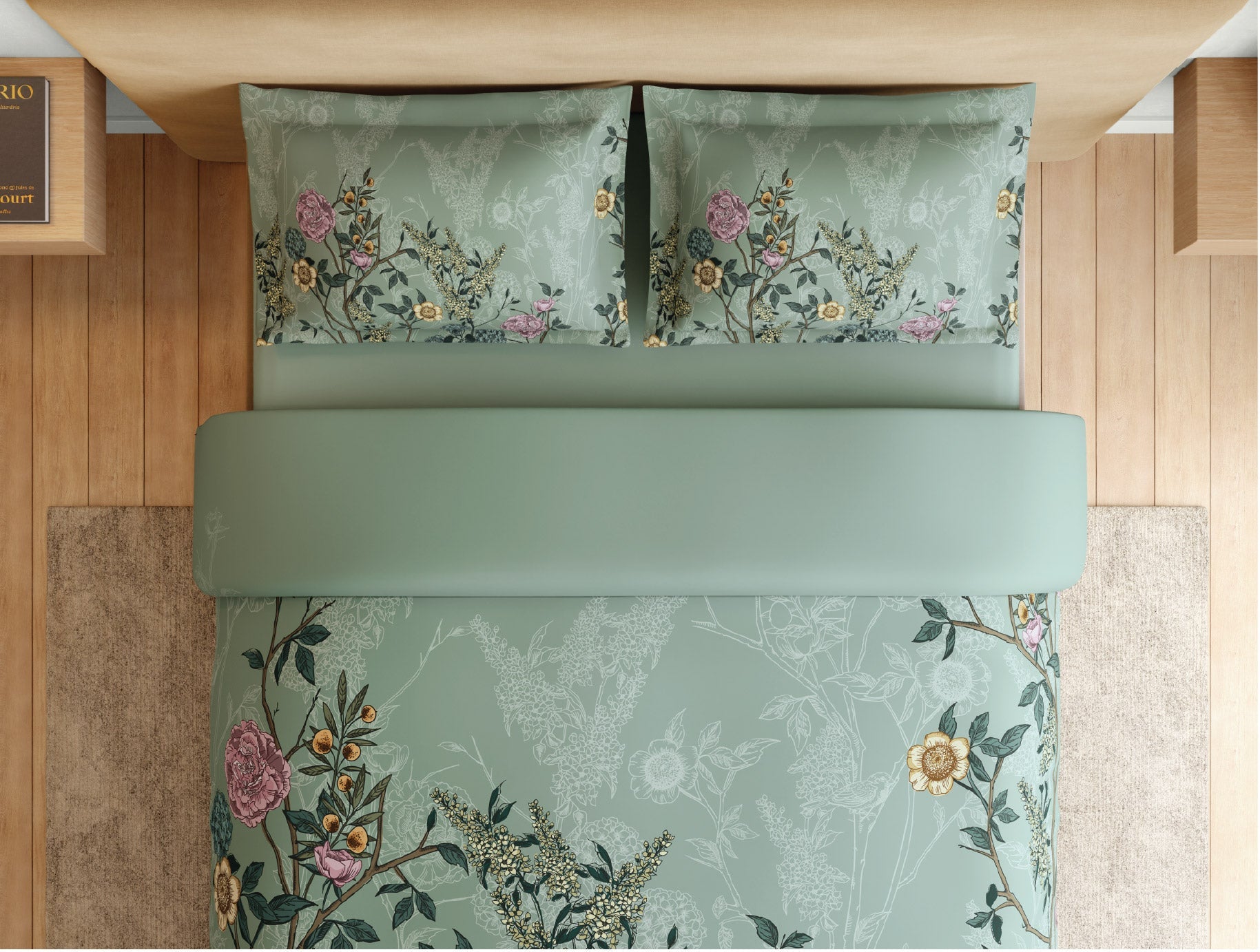 Spaces Natures Abode 100% Cotton 180 TC Percale Floral Premium Large Bedsheet with 4 Pillow Covers, Light Aqua