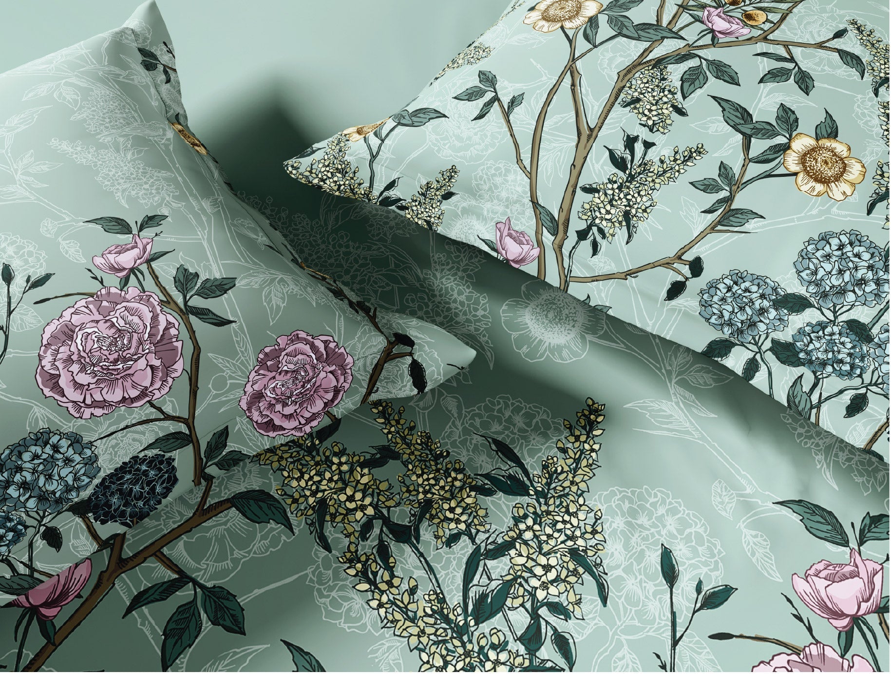 Spaces Natures Abode 100% Cotton 180 TC Percale Floral Premium Large Bedsheet with 4 Pillow Covers, Light Aqua