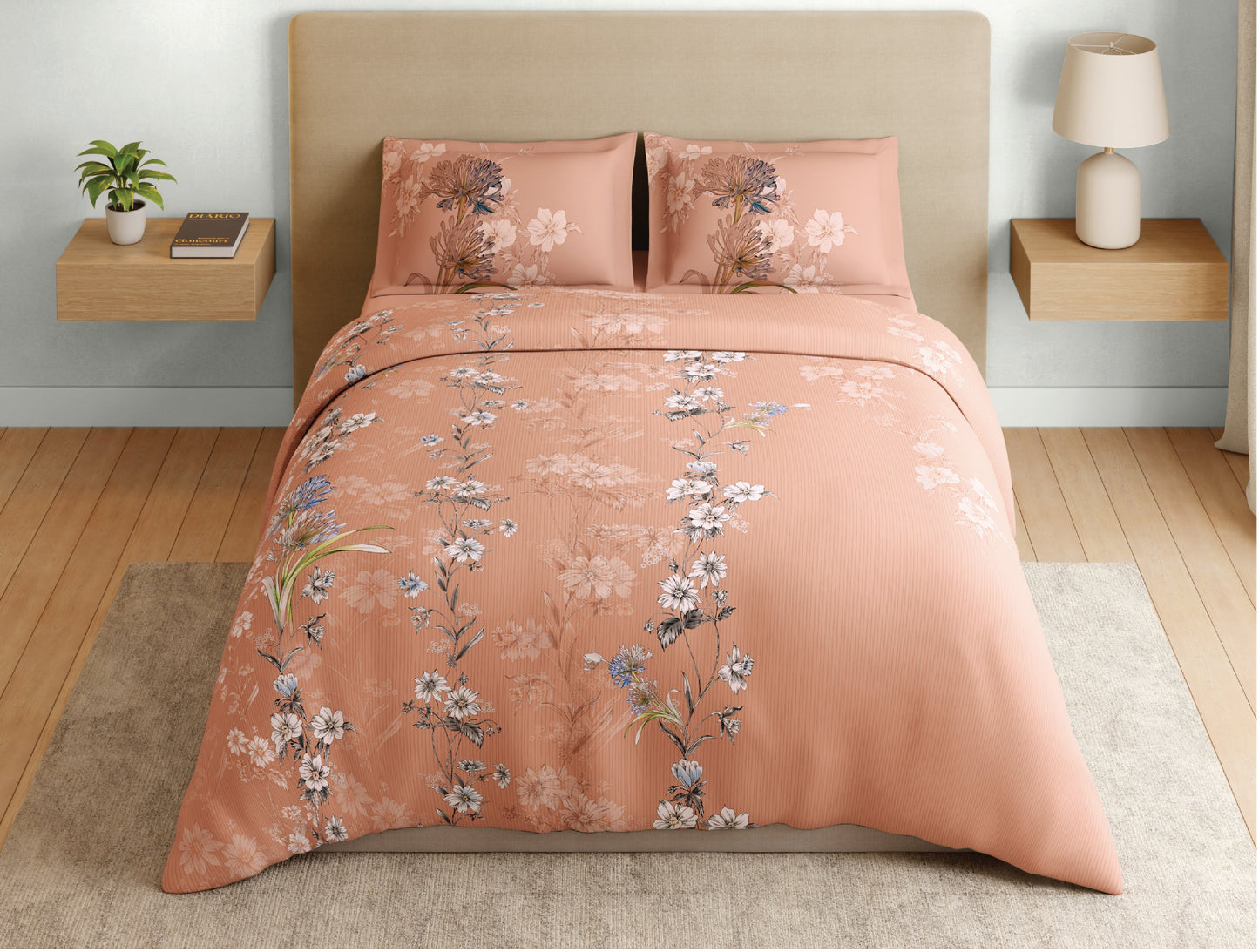 Spaces Natures Abode 100% Cotton 180 TC Percale Floral Premium Large Bedsheet with 4 Pillow Covers, Peach