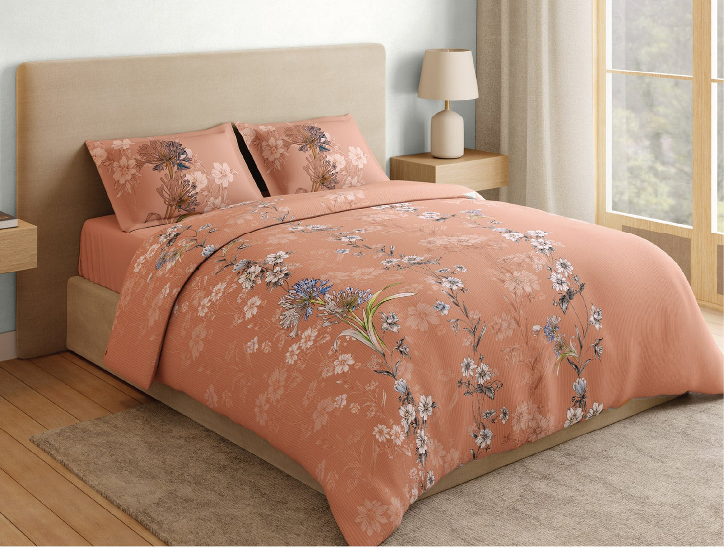 Spaces Natures Abode 100% Cotton 180 TC Percale Floral Premium Large Bedsheet with 4 Pillow Covers, Peach