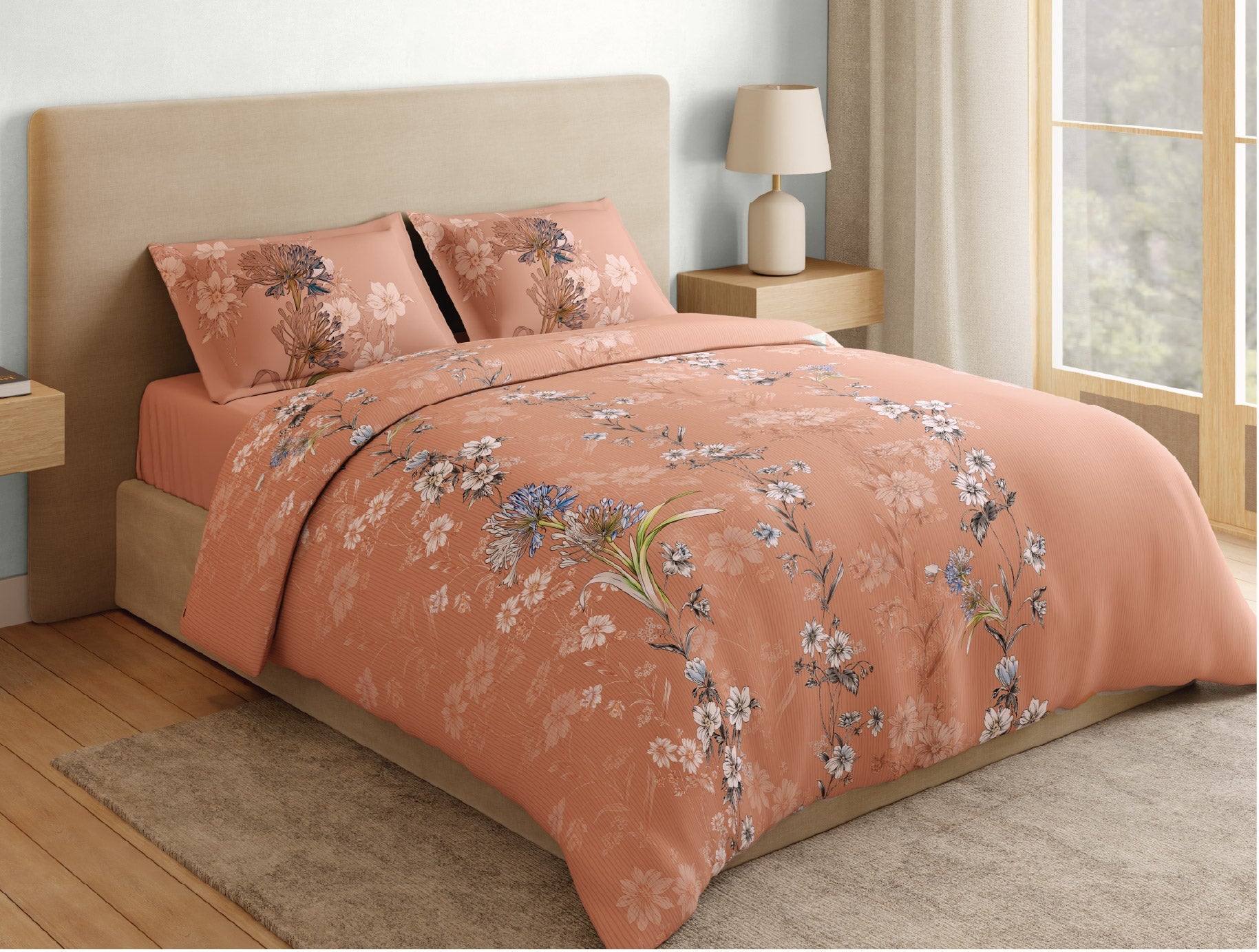 Spaces Natures Abode 100% Cotton 180 TC Percale Floral Premium Large Bedsheet with 4 Pillow Covers, Peach