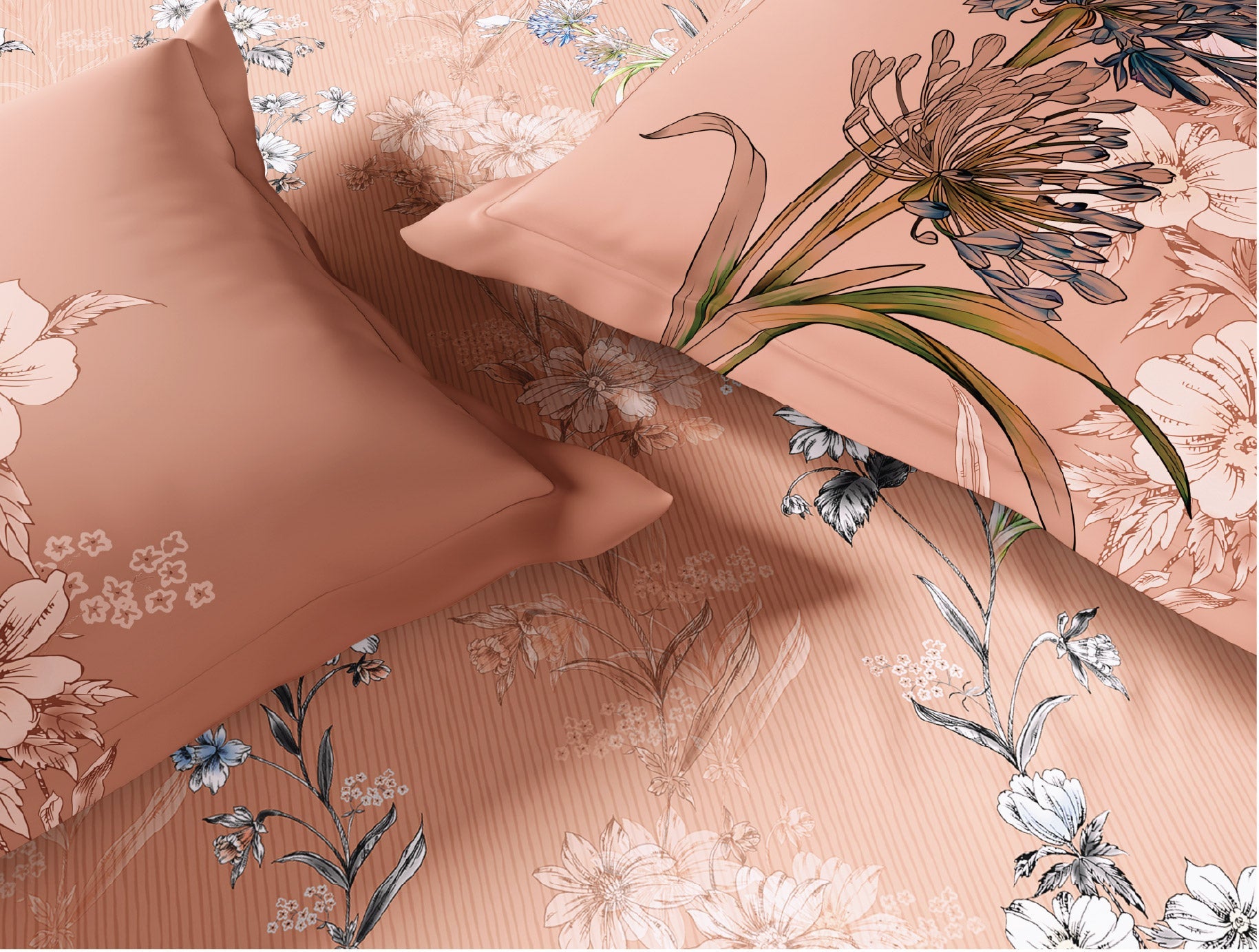 Spaces Natures Abode 100% Cotton 180 TC Percale Floral Premium Large Bedsheet with 4 Pillow Covers, Peach