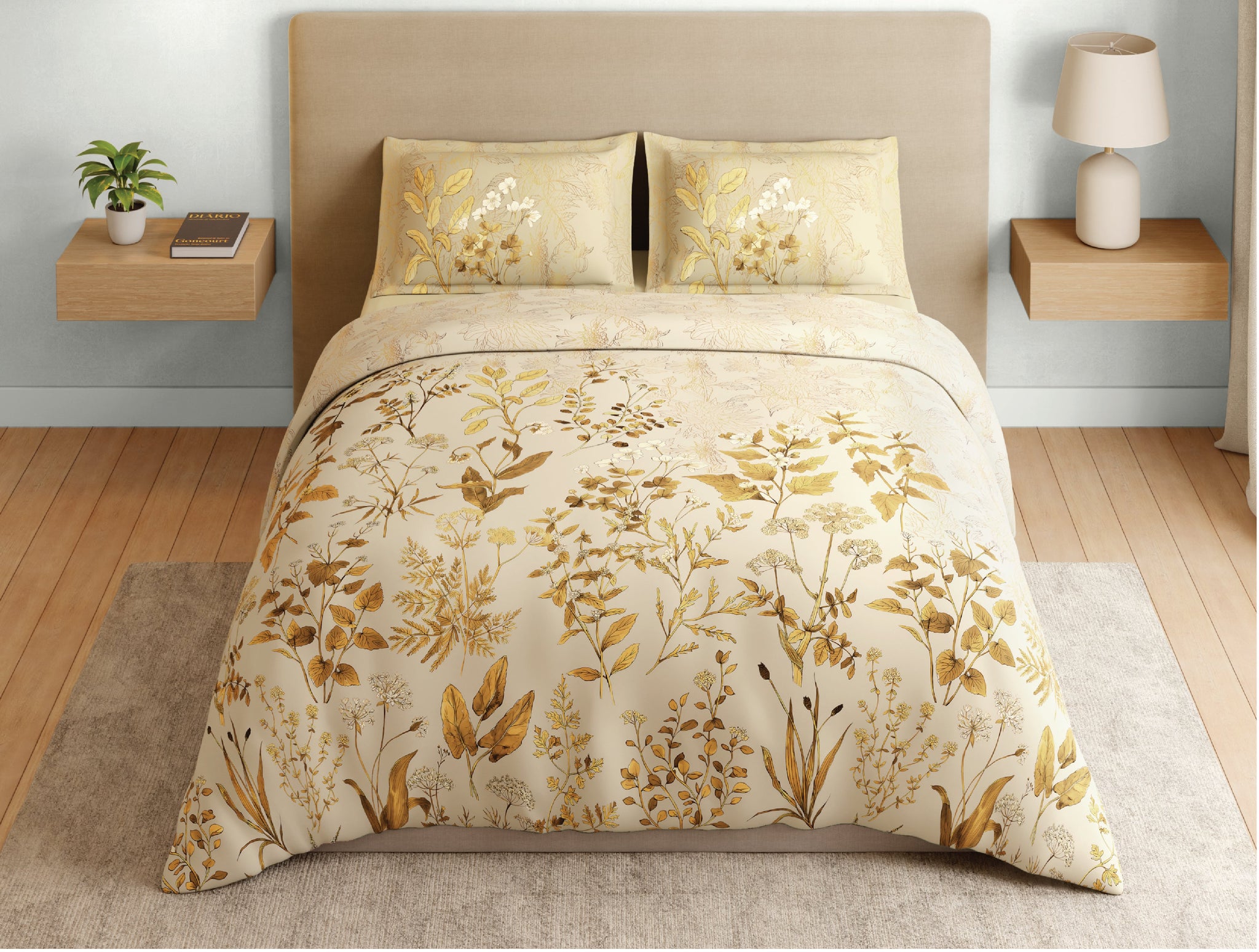 Spaces Natures Abode 100% Cotton 180 TC Percale Floral Premium Large Bedsheet with 4 Pillow Covers, Light Yellow