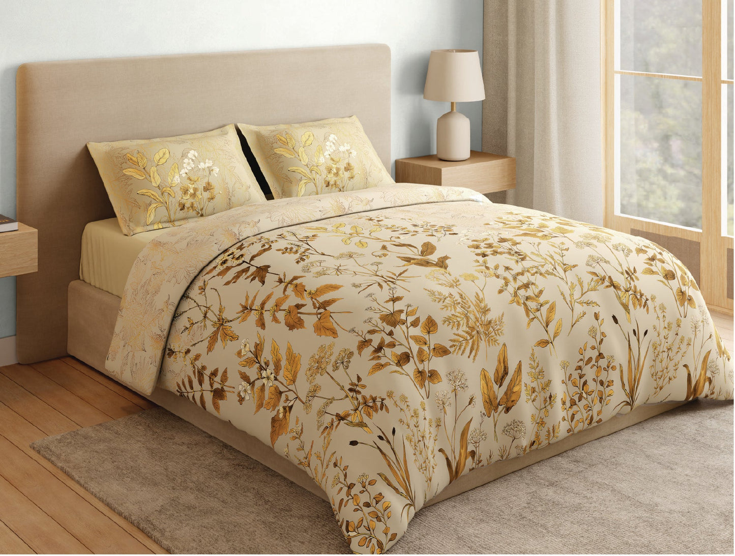 Spaces Natures Abode 100% Cotton 180 TC Percale Floral Premium Large Bedsheet with 4 Pillow Covers, Light Yellow