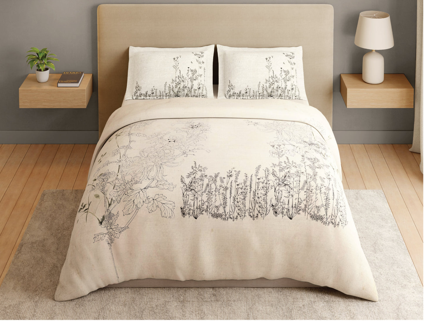 Spaces Natures Abode 100% Cotton 180 TC Percale Floral Premium Large Bedsheet with 4 Pillow Covers, Cream