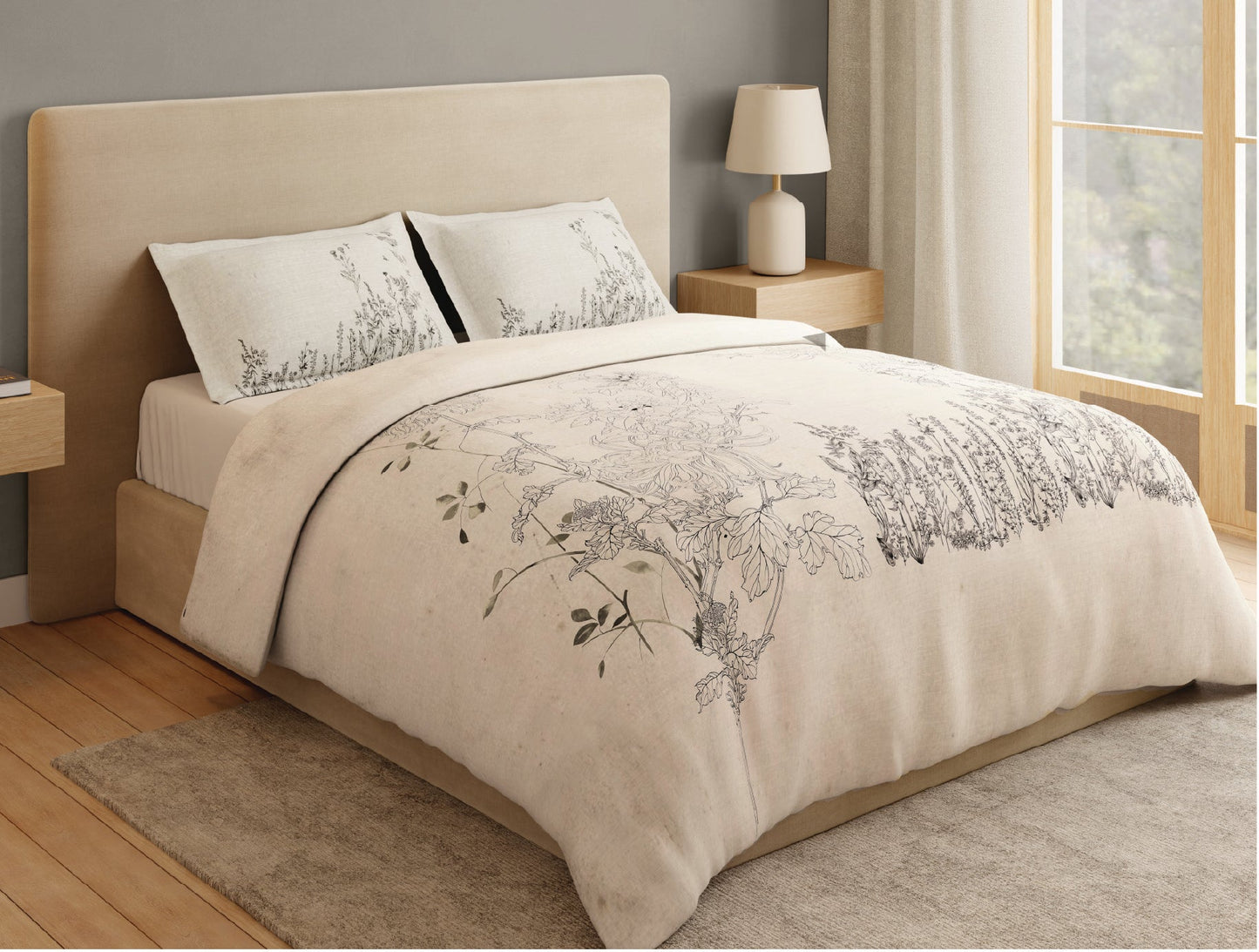 Spaces Natures Abode 100% Cotton 180 TC Percale Floral Premium Large Bedsheet with 4 Pillow Covers, Cream