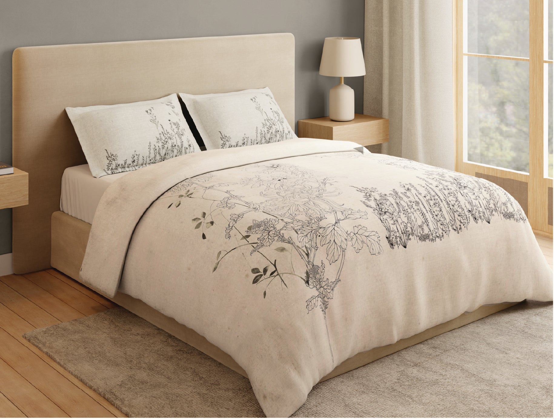 Spaces Natures Abode 100% Cotton 180 TC Percale Floral Premium Large Bedsheet with 4 Pillow Covers, Cream