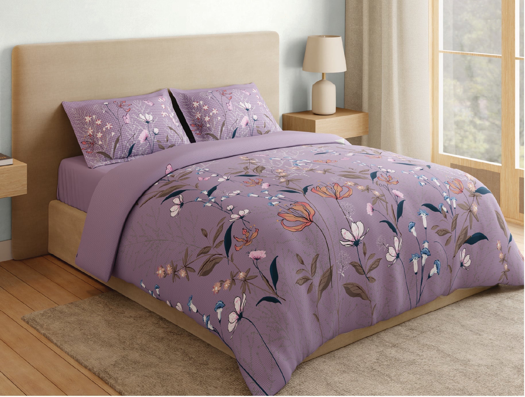 Spaces Natures Abode 100% Cotton 180 TC Percale Floral Permium Large Bedsheet with 4 Pillow Covers, Light Violet