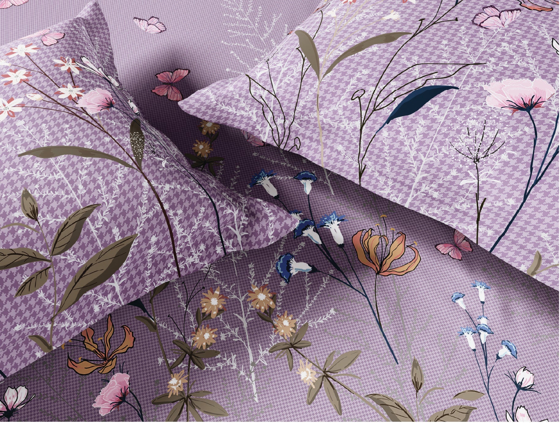 Spaces Natures Abode 100% Cotton 180 TC Percale Floral Permium Large Bedsheet with 4 Pillow Covers, Light Violet