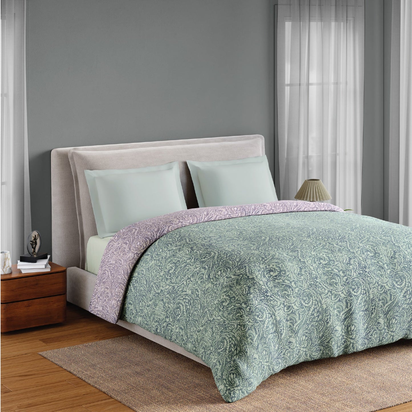 Spaces Flora 100% Cotton 144 TC Percale Floral Double Blanket Quilt, Light Green