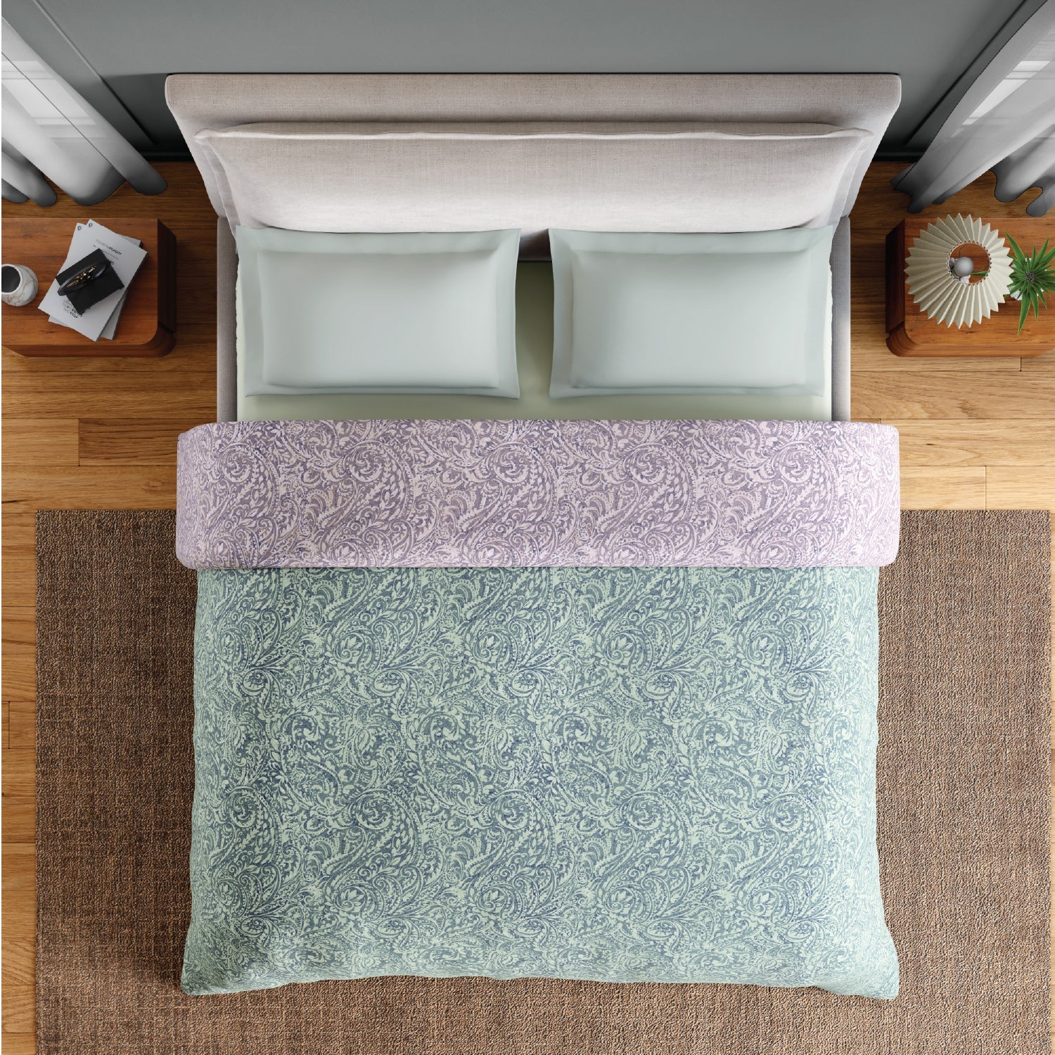 Spaces Flora 100% Cotton 144 TC Percale Floral Double Blanket Quilt, Light Green