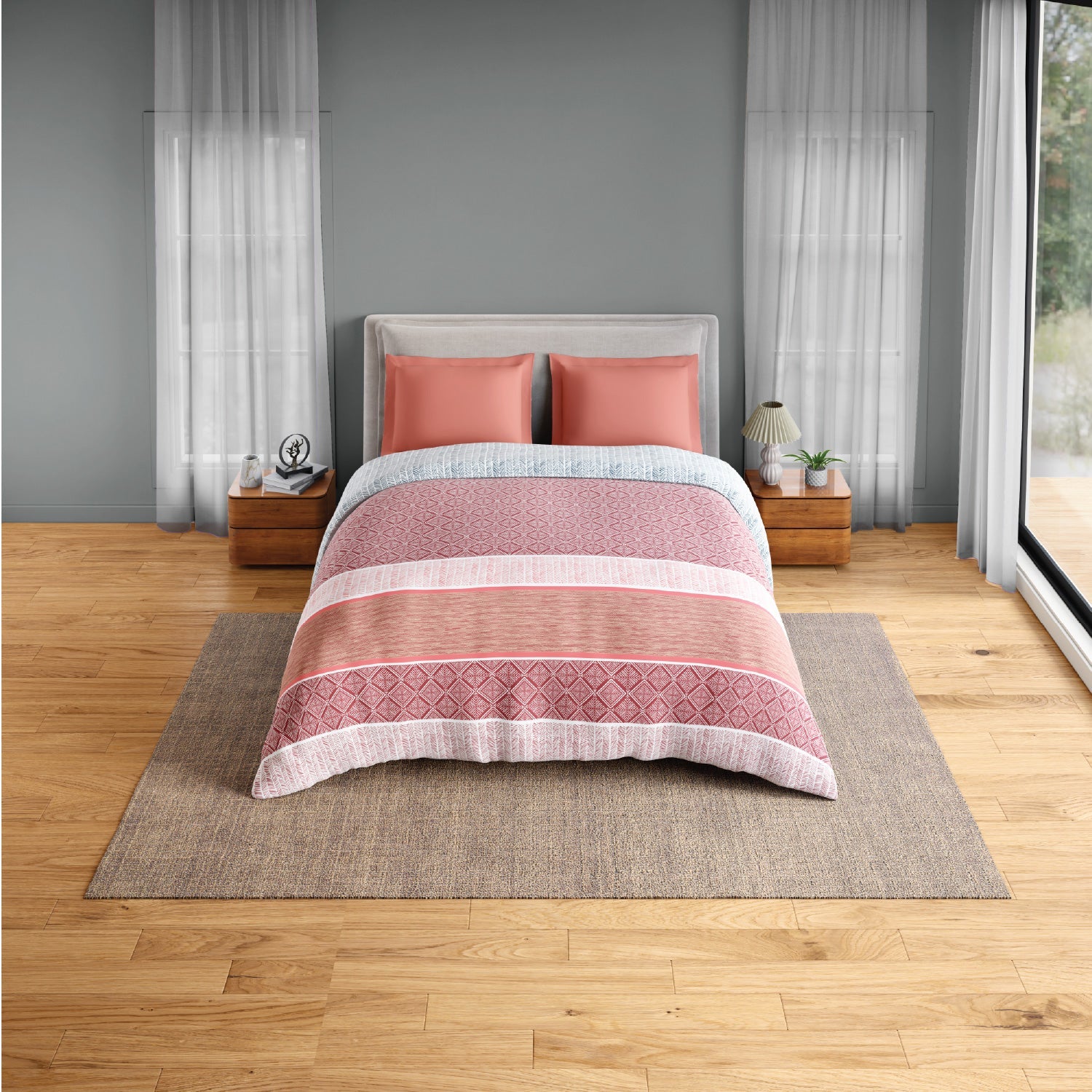 Spaces Flora 100% Cotton 144 TC Percale Geometric Double Blanket Quilt, Red