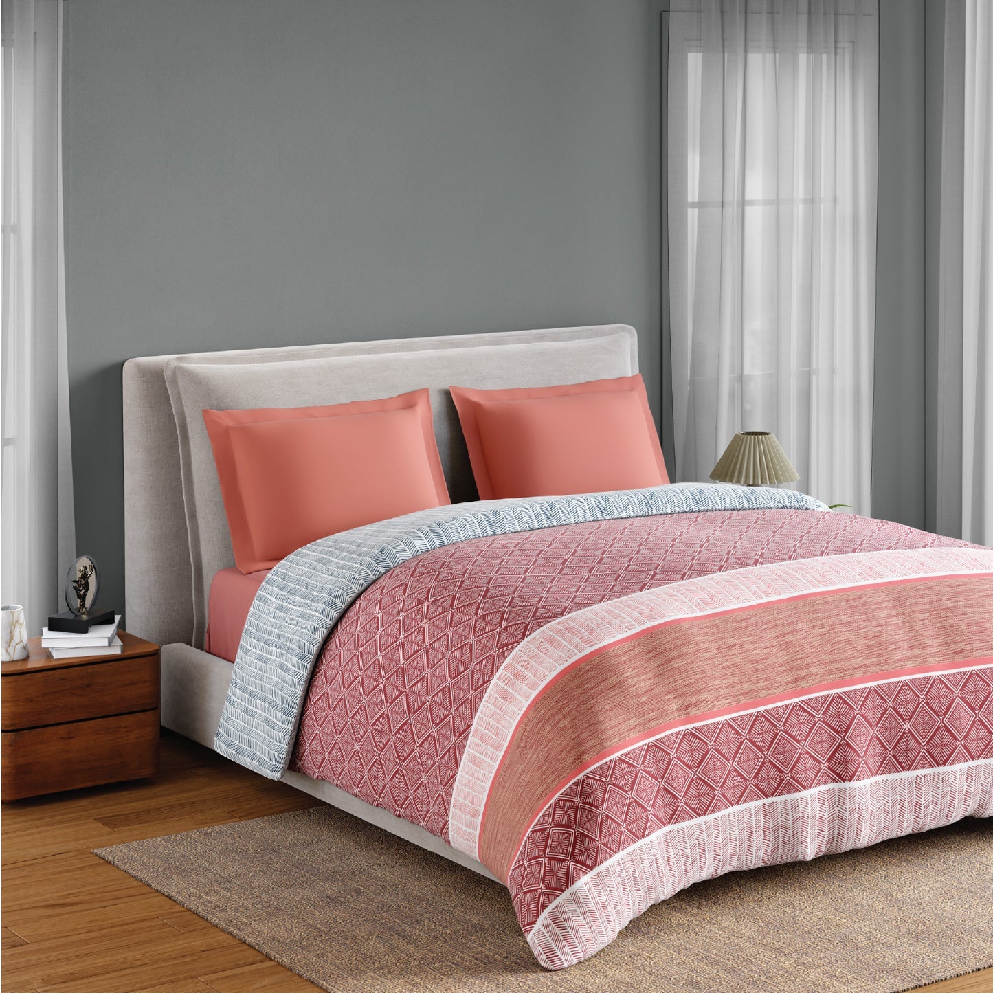 Spaces Flora 100% Cotton 144 TC Percale Geometric Double Blanket Quilt, Red