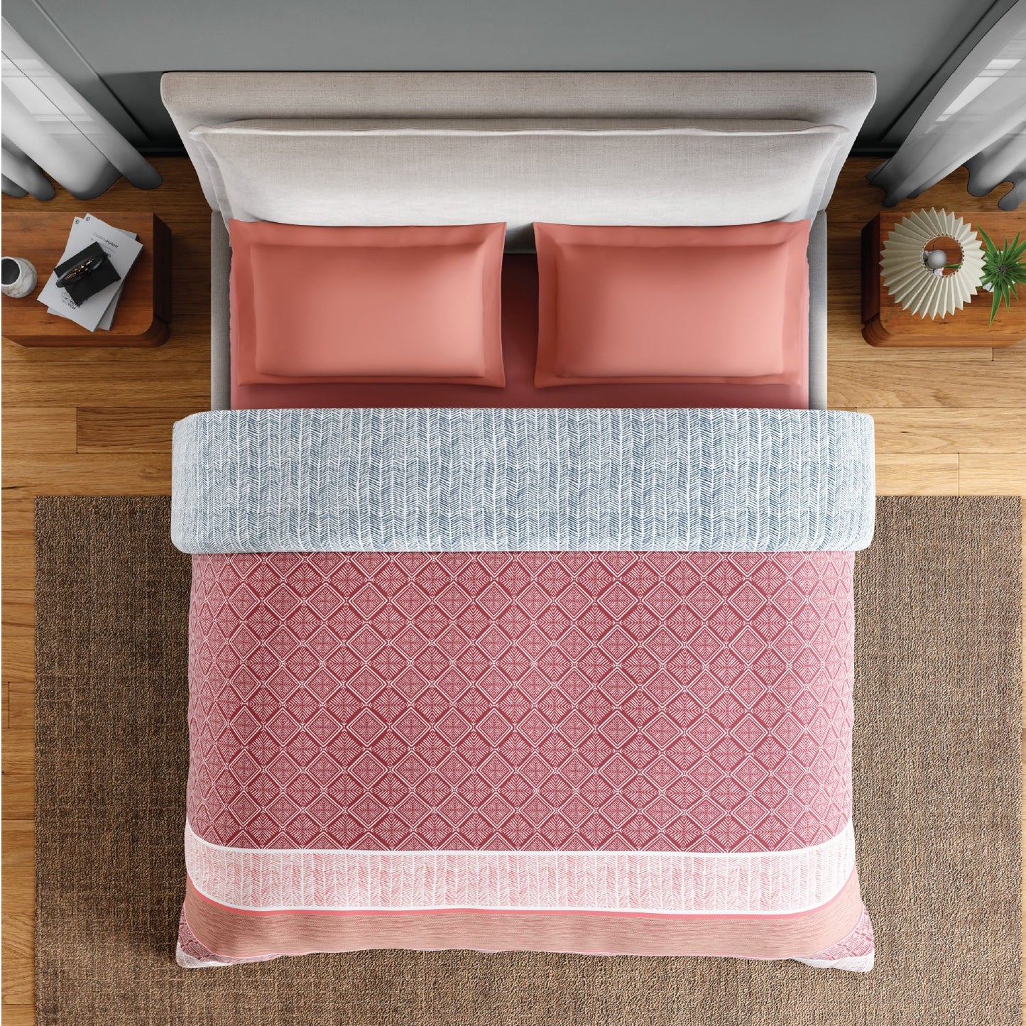 Spaces Flora 100% Cotton 144 TC Percale Geometric Double Blanket Quilt, Red