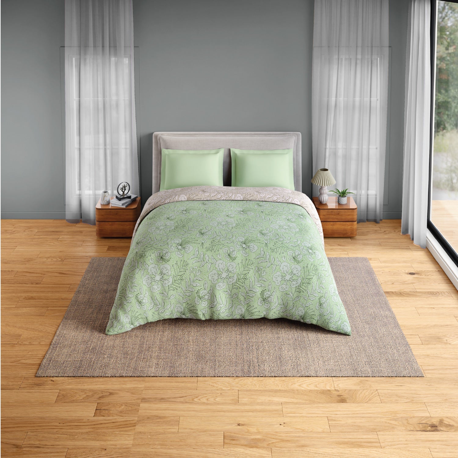 Spaces Flora 100% Cotton 144 TC Percale Floral Double Blanket Quilt, Green