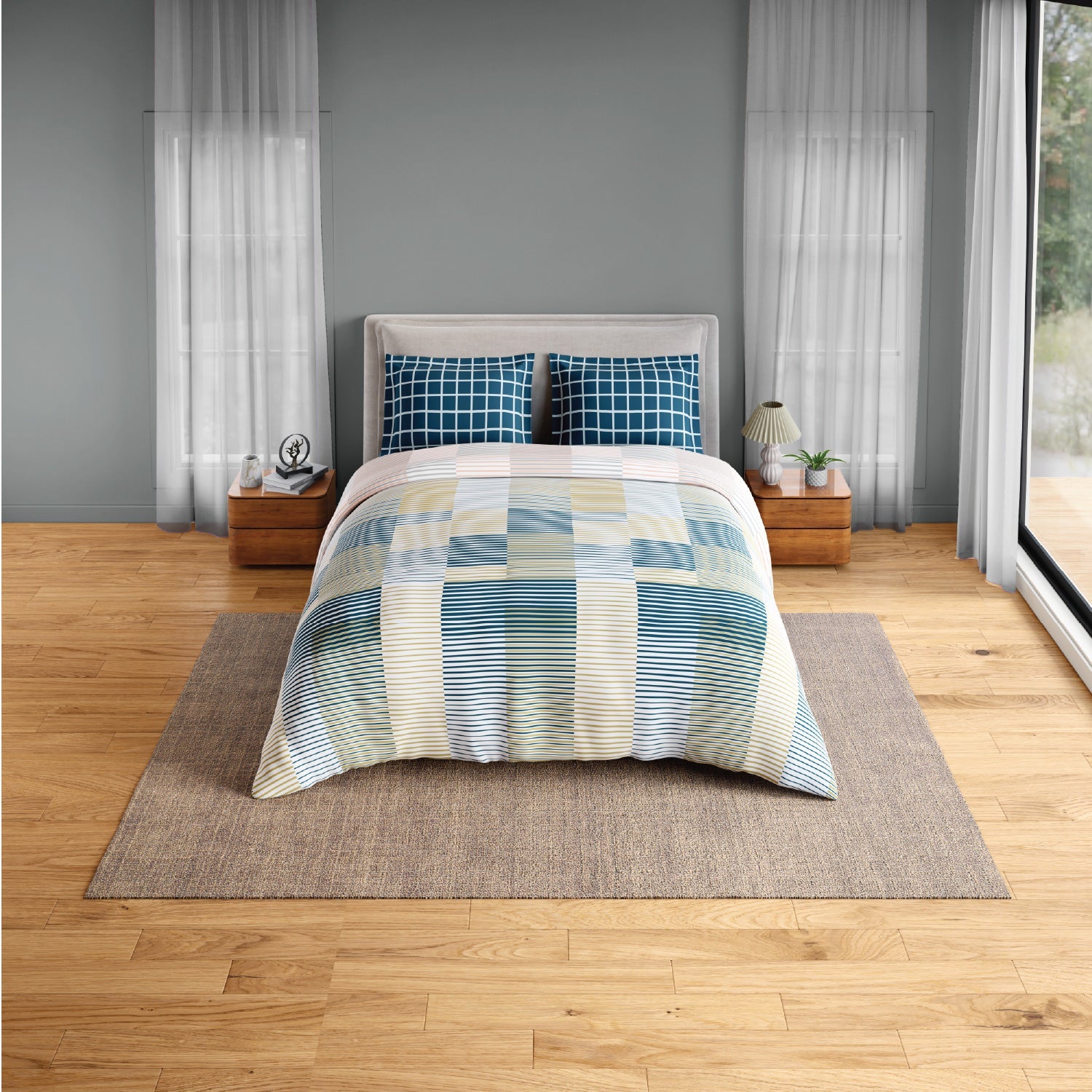 Spaces Fiora 100% Cotton 144 TC Percale Geometric Premium Bedding Set,Blue