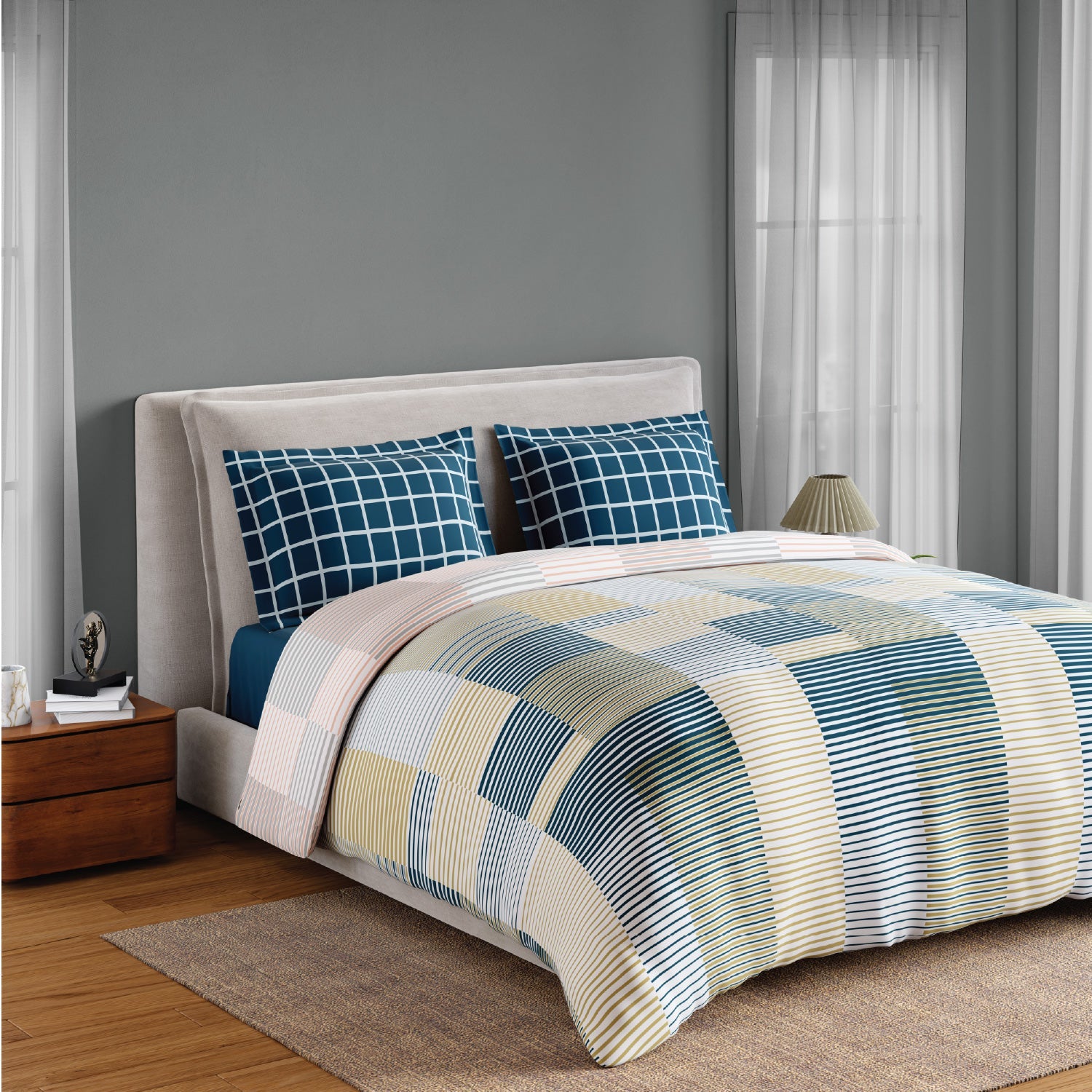 Spaces Fiora 100% Cotton 144 TC Percale Geometric Premium Bedding Set,Blue
