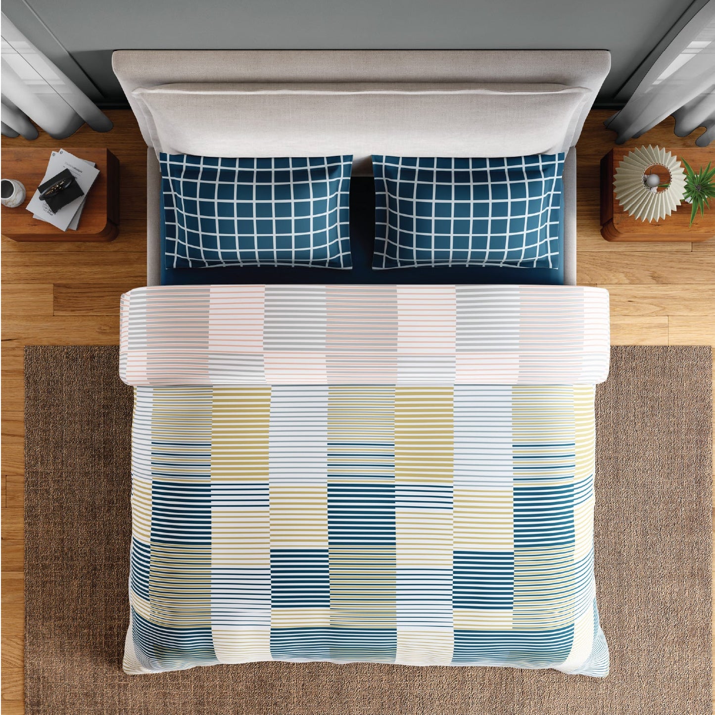 Spaces Fiora 100% Cotton 144 TC Percale Geometric Premium Bedding Set,Blue