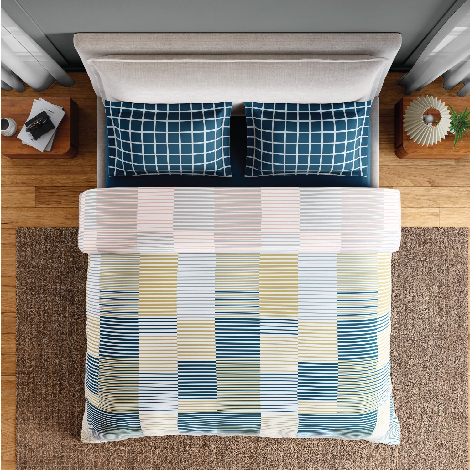 Spaces Fiora 100% Cotton 144 TC Percale Geometric Premium Bedding Set,Blue