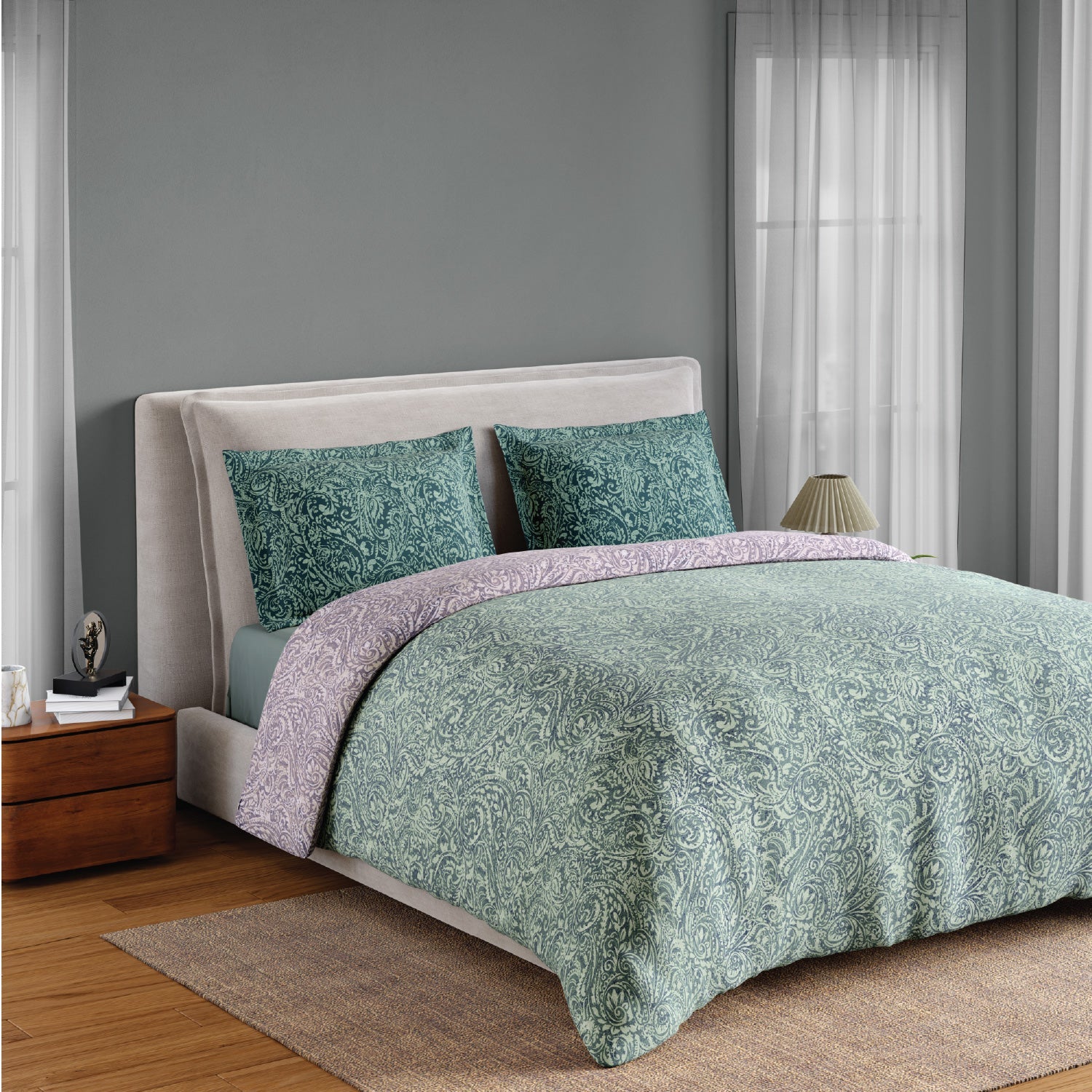 Spaces Fiora 100% Cotton 144 TC Percale Floral Premium Bedding Set, Light Blue