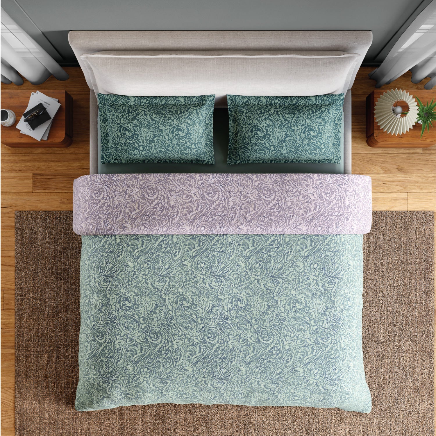 Spaces Fiora 100% Cotton 144 TC Percale Floral Premium Bedding Set, Light Blue