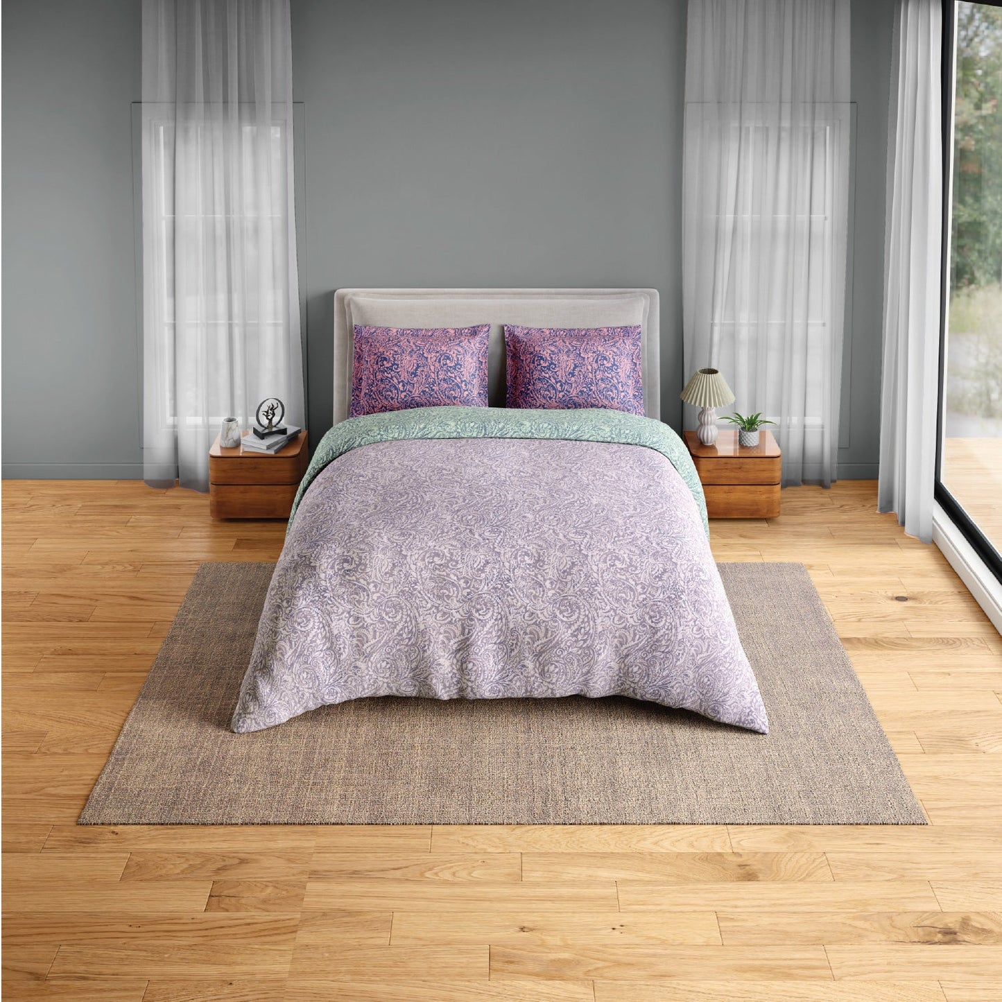 Spaces Fiora 100% Cotton 144 TC Percale Floral Premium Bedding Set, Light Violet