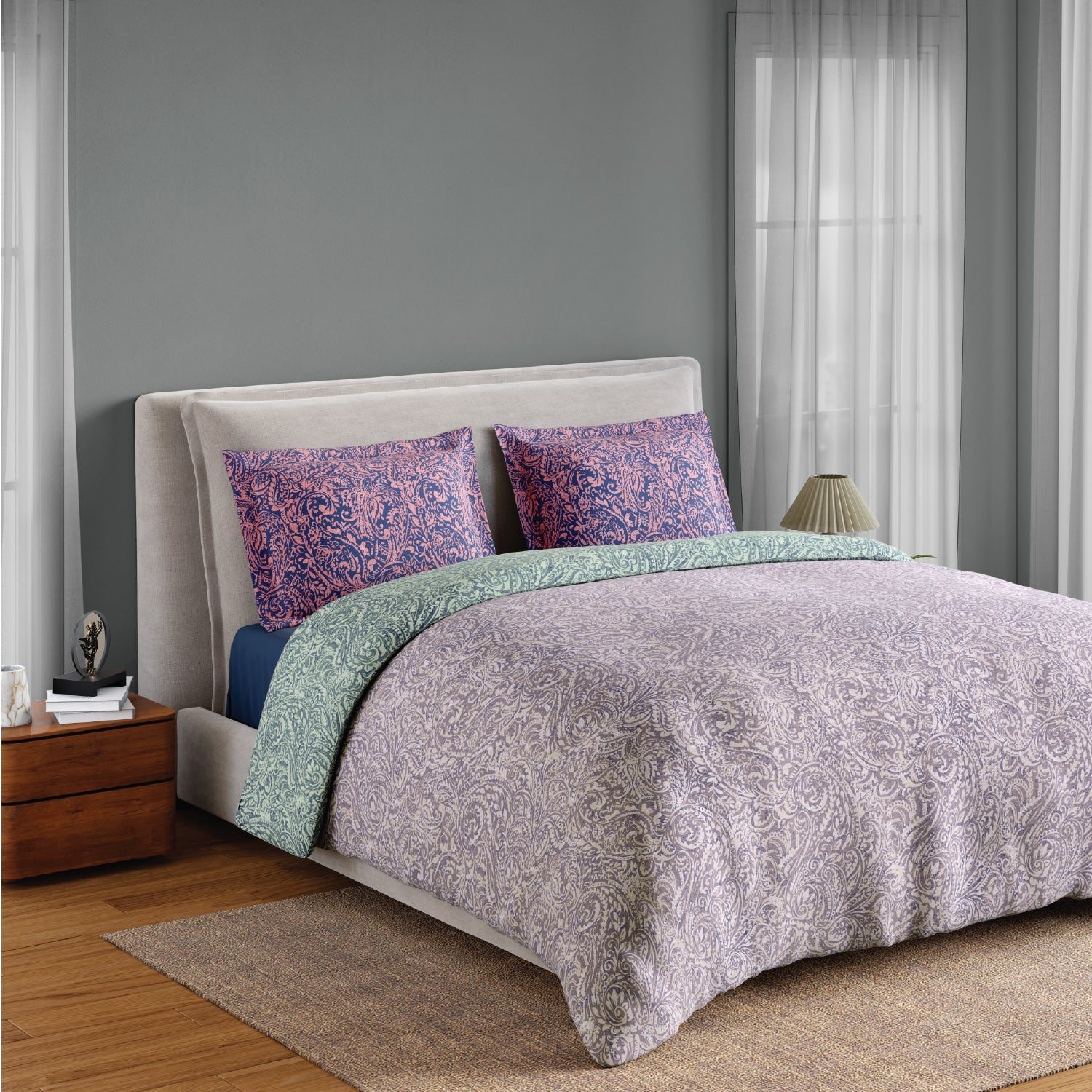 Spaces Fiora 100% Cotton 144 TC Percale Floral Premium Bedding Set, Light Violet