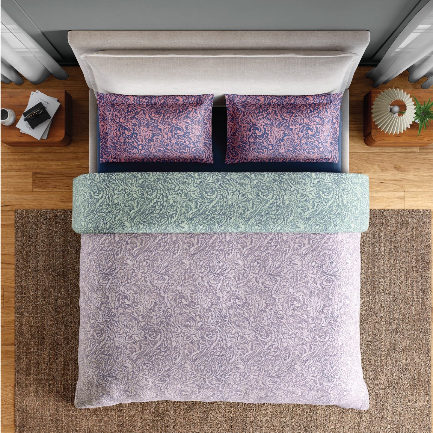Spaces Fiora 100% Cotton 144 TC Percale Floral Premium Bedding Set, Light Violet