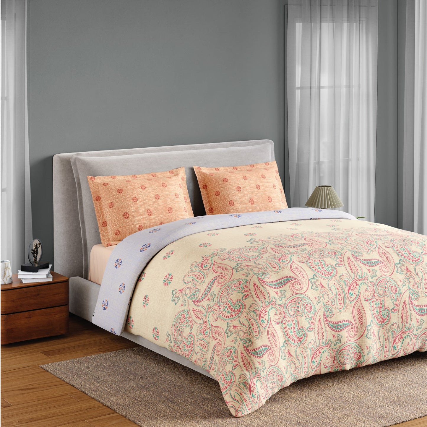 Spaces Fiora 100% Cotton 144 TC Percale Ornate Premium Bedding Set, Light Yellow