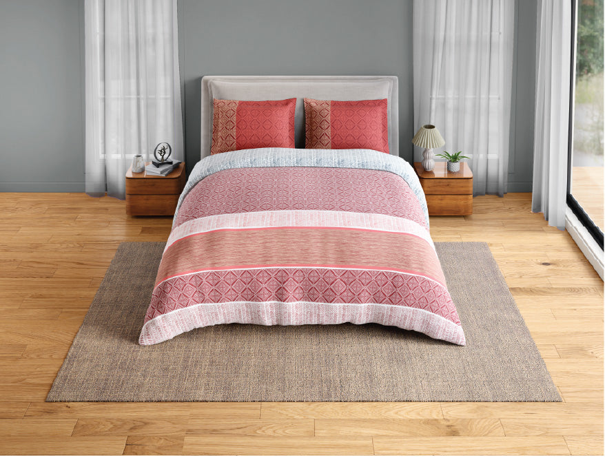 Spaces Fiora 100% Cotton 144 TC Percale Geometric Premium Bedding Set, Dark Red