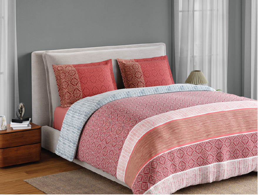 Spaces Fiora 100% Cotton 144 TC Percale Geometric Premium Bedding Set, Dark Red