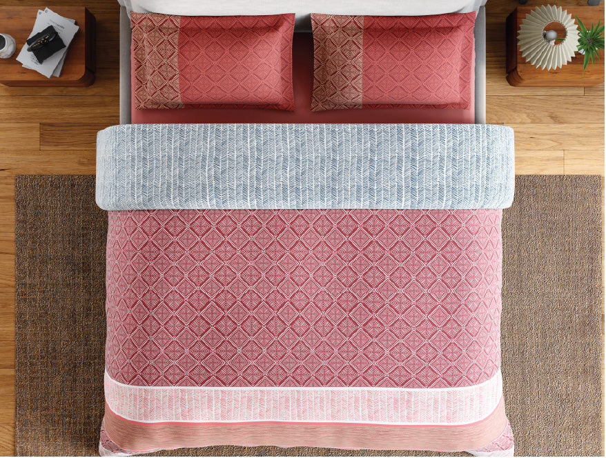Spaces Fiora 100% Cotton 144 TC Percale Geometric Premium Bedding Set, Dark Red