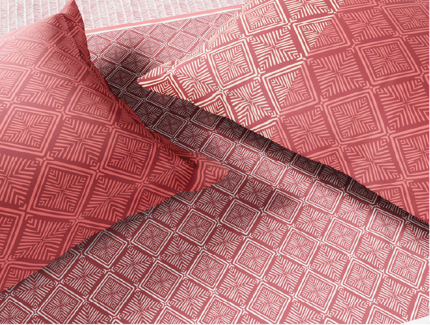 Spaces Fiora 100% Cotton 144 TC Percale Geometric Premium Bedding Set, Dark Red