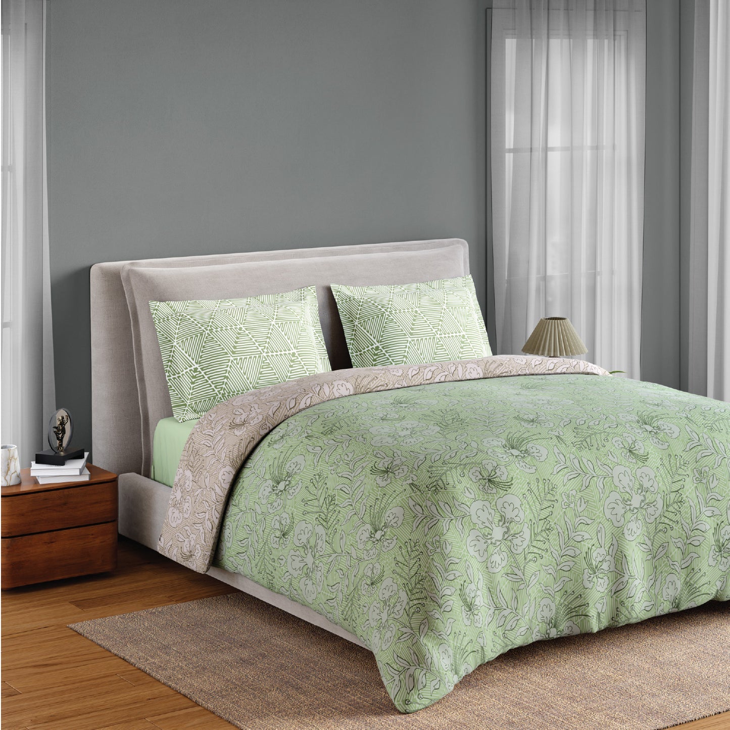 Spaces Fiora 100% Cotton 144 TC Percale Floral Premium Bedding Set, Light Green