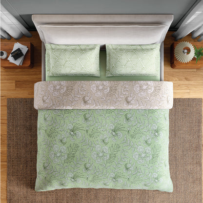 Spaces Fiora 100% Cotton 144 TC Percale Floral Premium Bedding Set, Light Green