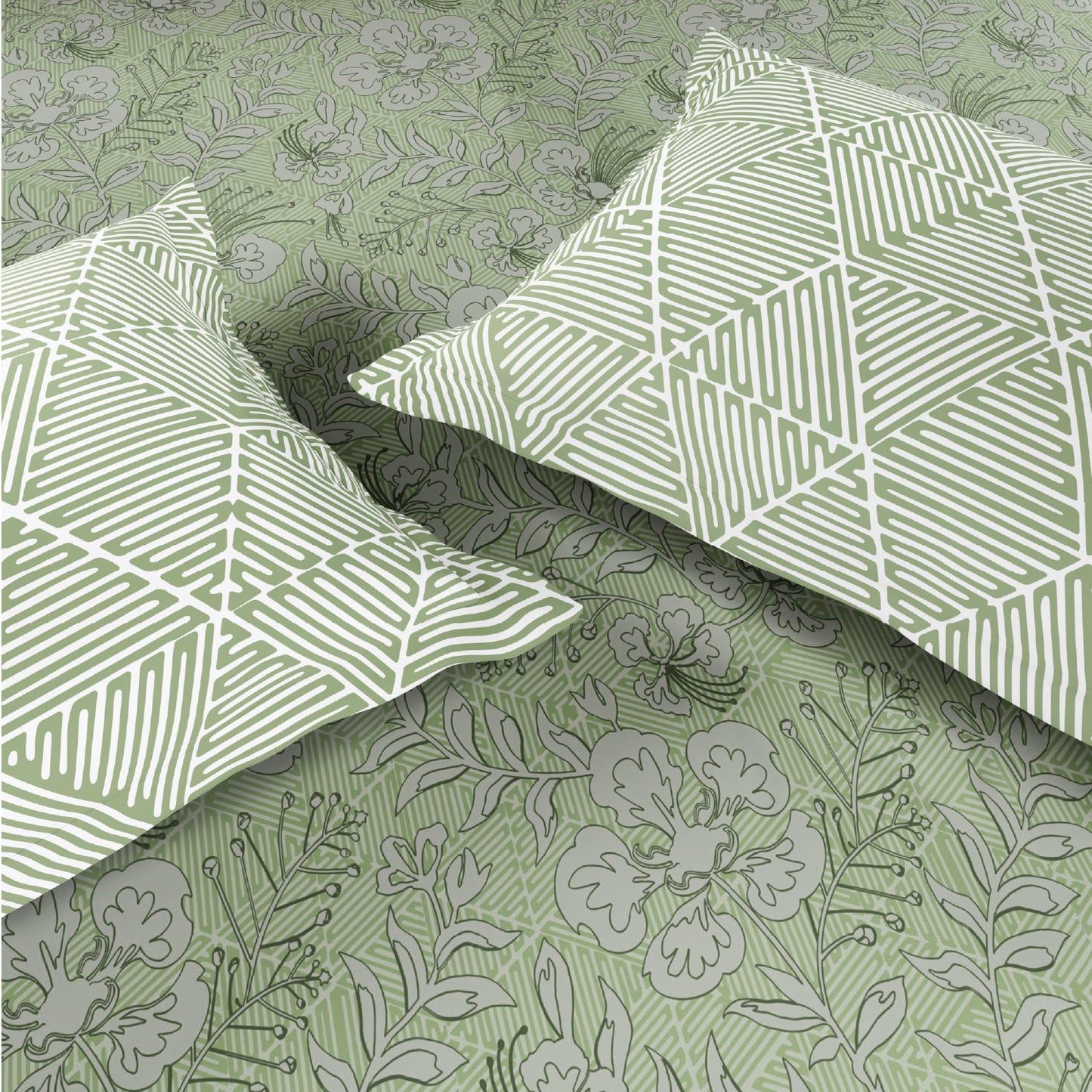 Spaces Fiora 100% Cotton 144 TC Percale Floral Premium Bedding Set, Light Green