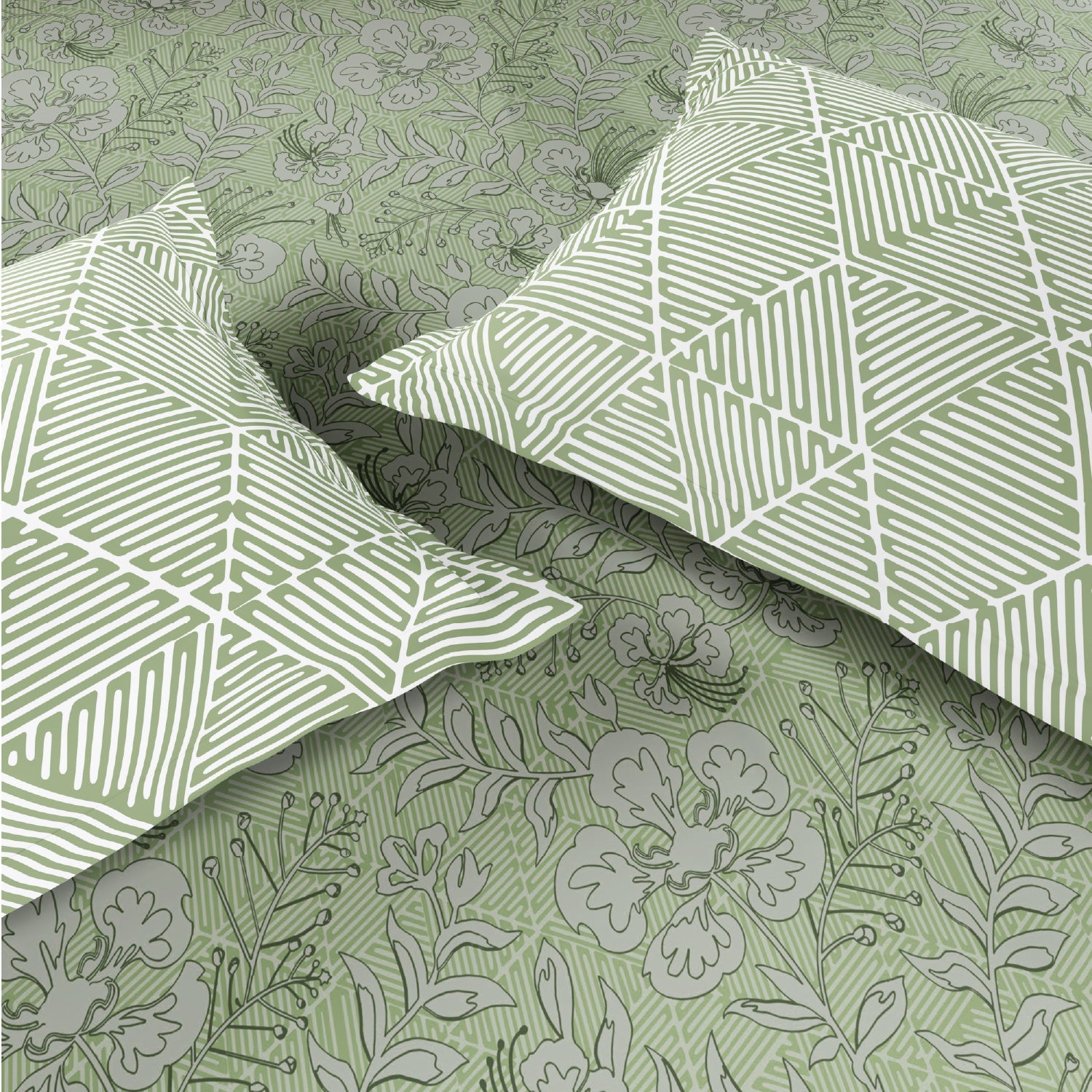 Spaces Fiora 100% Cotton 144 TC Percale Floral Premium Bedding Set, Light Green