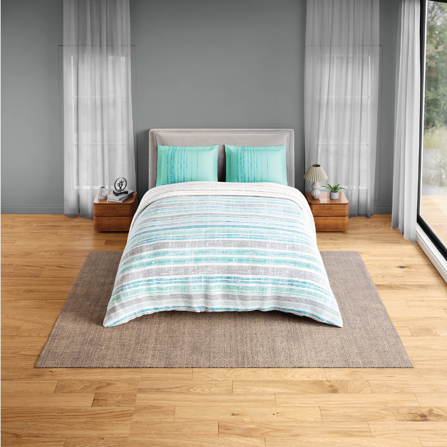 Spaces Fiora 100% Cotton 144 TC Percale Geometric Premium Bedding Set, Aqua