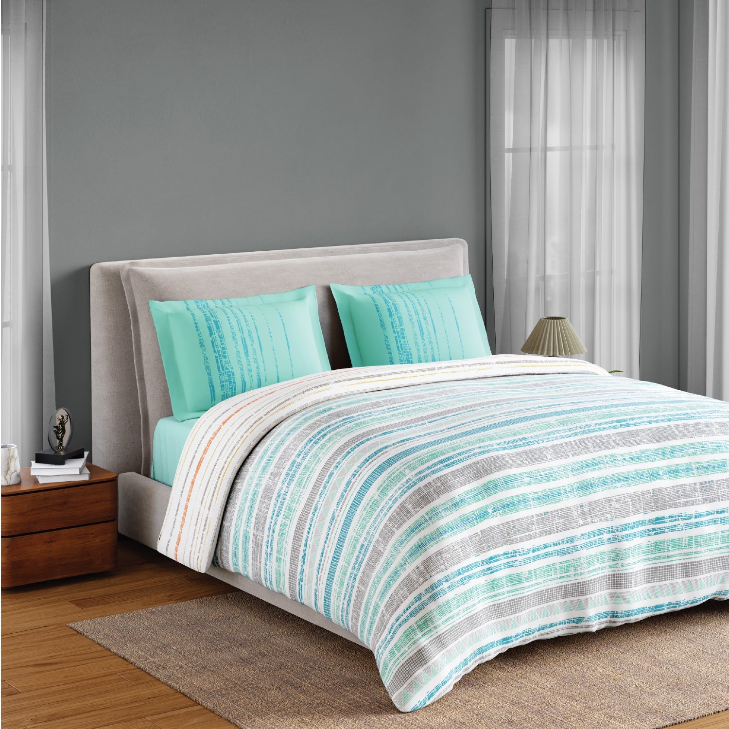 Spaces Fiora 100% Cotton 144 TC Percale Geometric Premium Bedding Set, Aqua