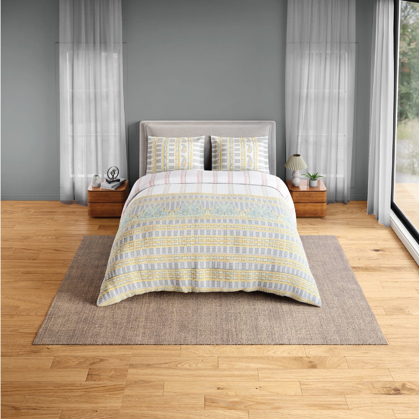 Spaces Fiora 100% Cotton 144 TC Percale Ornate Premium Bedding Set, Light Grey