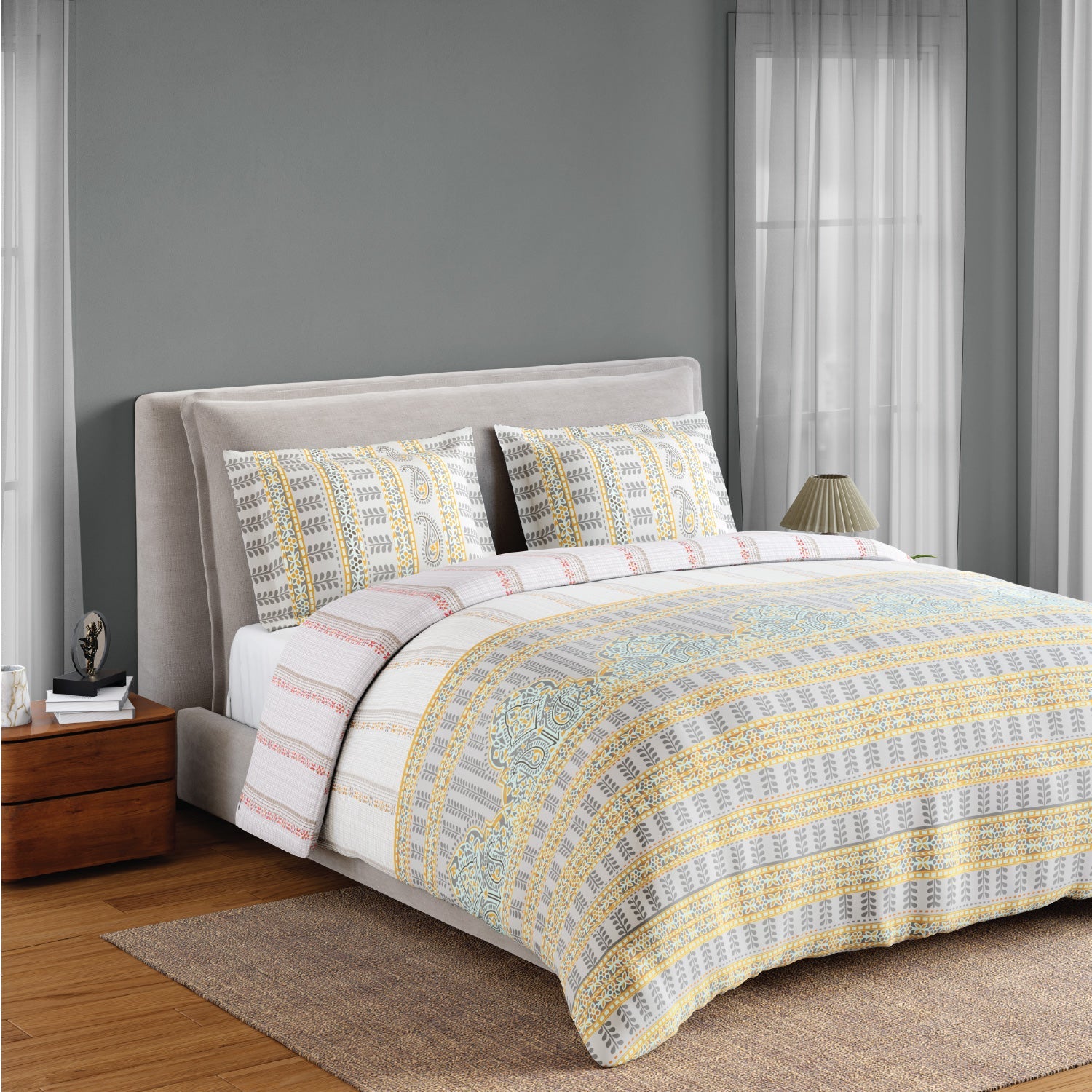 Spaces Fiora 100% Cotton 144 TC Percale Ornate Premium Bedding Set, Light Grey