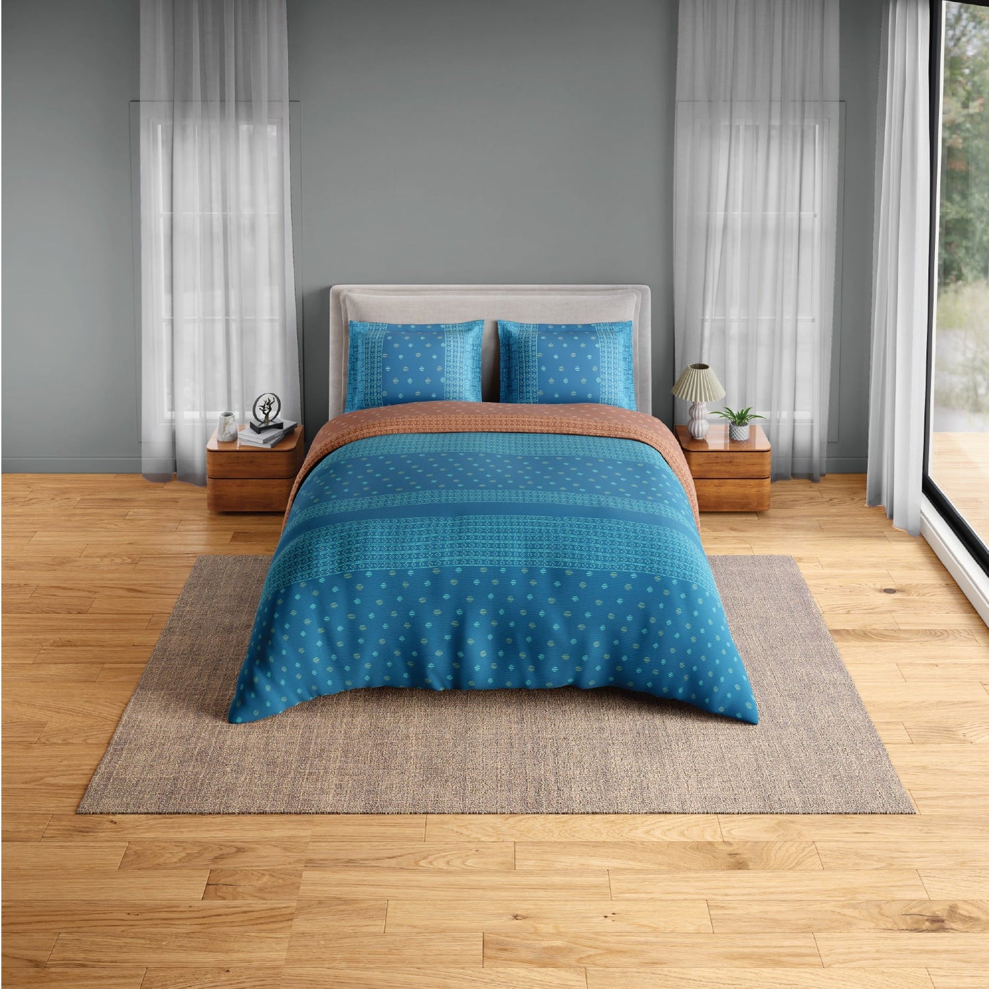 Spaces Fiora 100% Cotton 144 TC Percale Ornate Premium Bedding Set, Blue