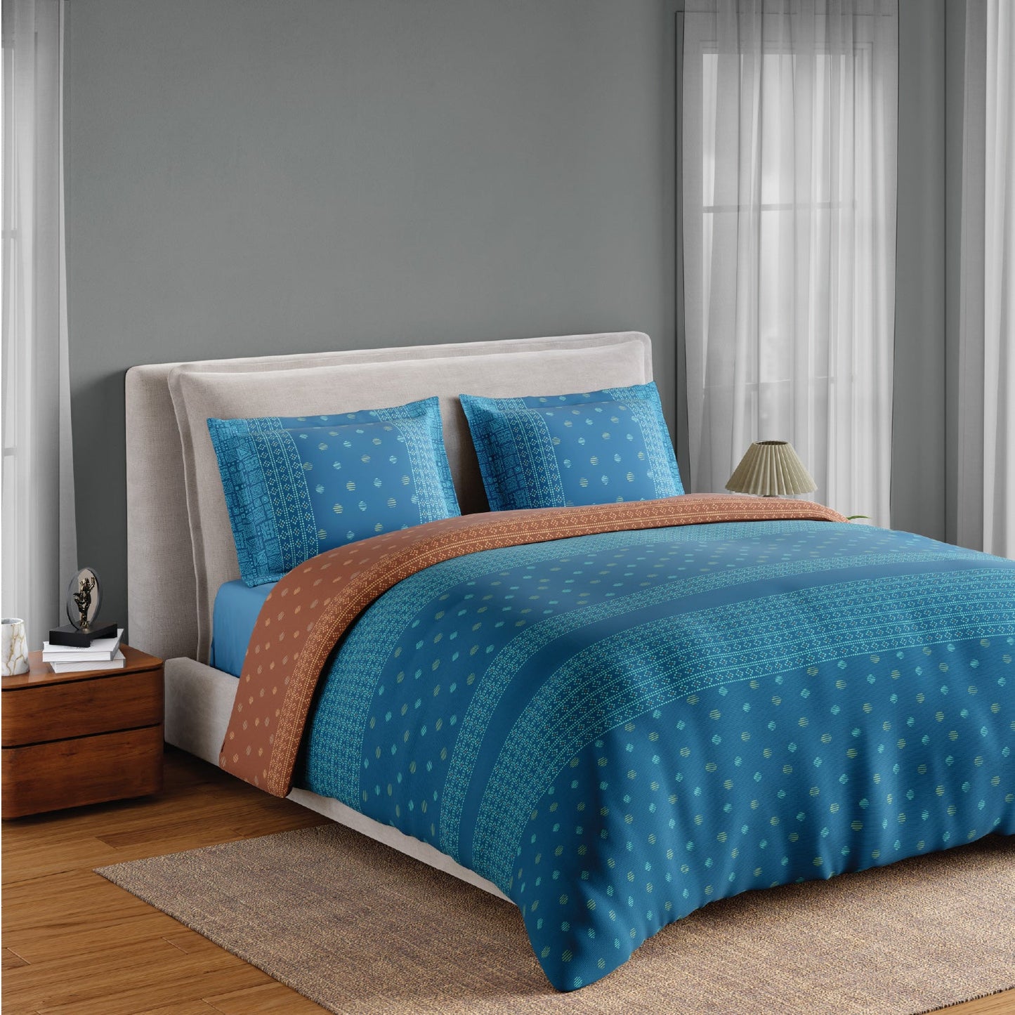 Spaces Fiora 100% Cotton 144 TC Percale Ornate Premium Bedding Set, Blue
