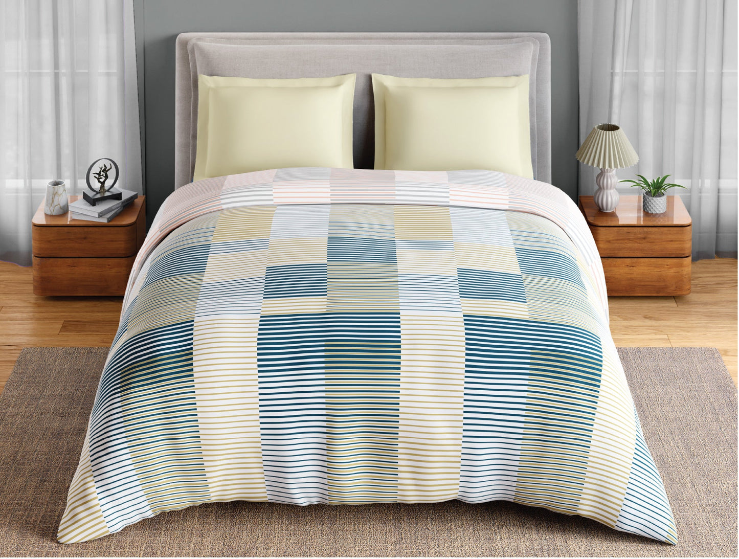 Spaces Fiora 100% Cotton 144 TC Percale Geometric Premium Double Duvet Cover, Light Yellow