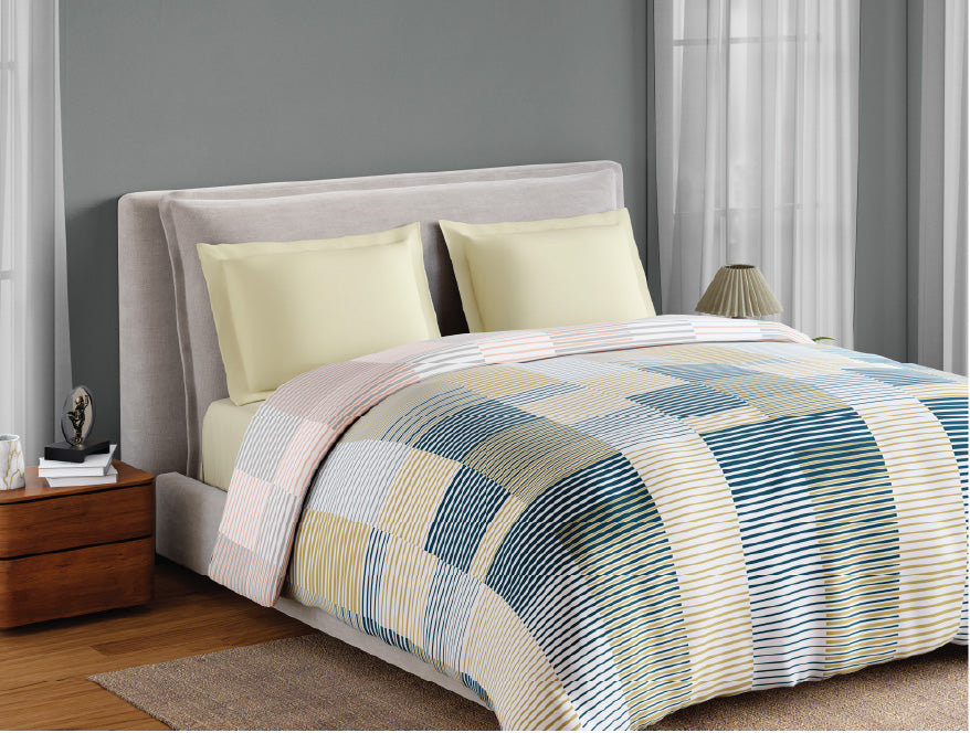 Spaces Fiora 100% Cotton 144 TC Percale Geometric Premium Double Duvet Cover, Light Yellow