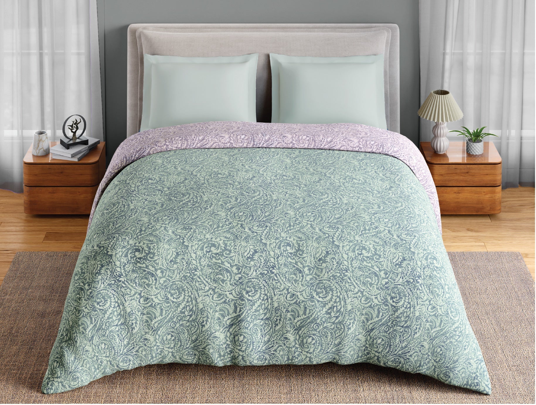 Spaces Fiora 100% Cotton 144 TC Percale Floral Premium Double Duvet Cover, Light Blue