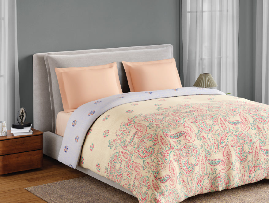 Spaces Fiora 100% Cotton 144 TC Percale Ornate Permium Double Duvet Cover, Light Yellow