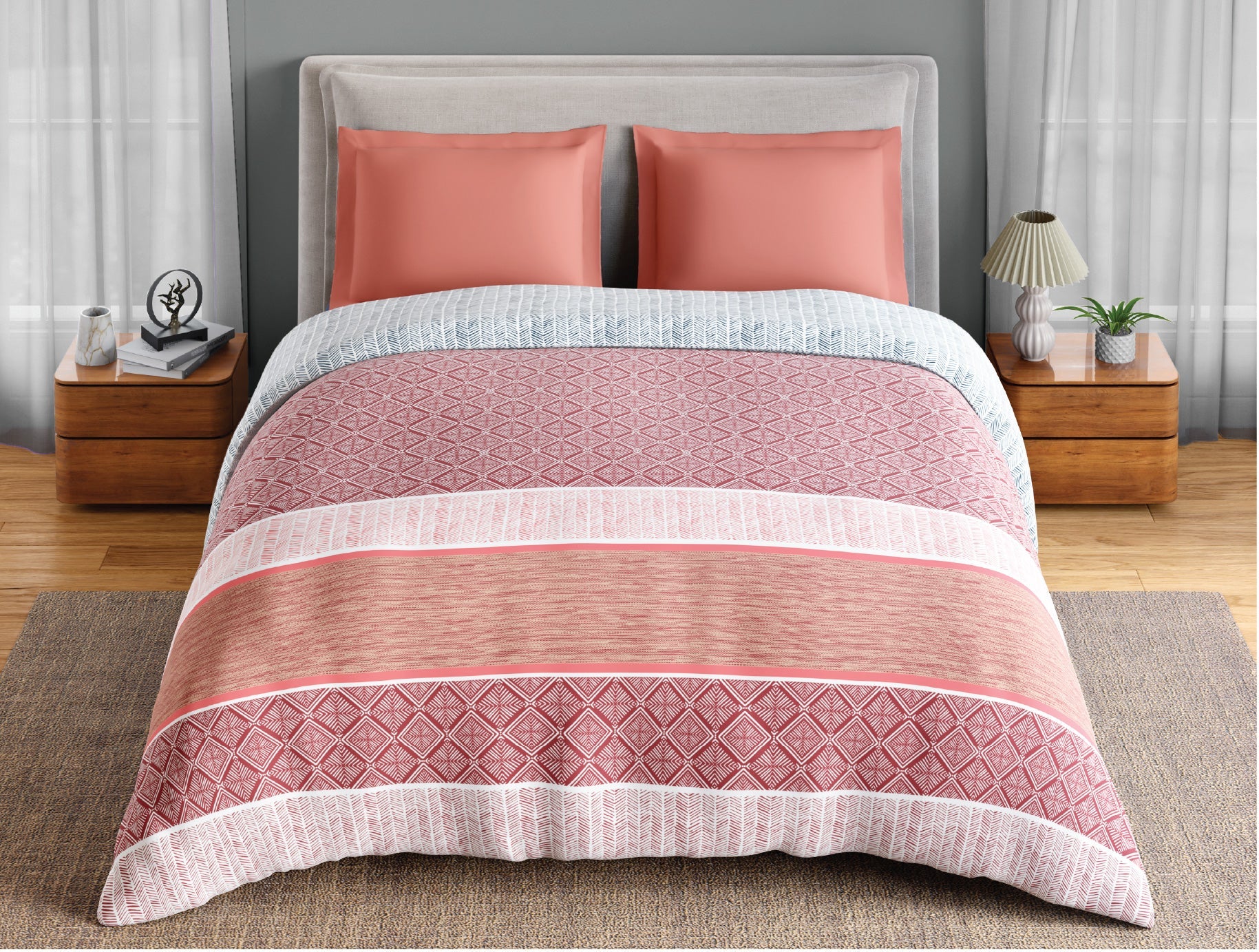 Spaces Fiora 100% Cotton 144 TC Percale Geometric Premium Double Duvet Cover, Dark Red